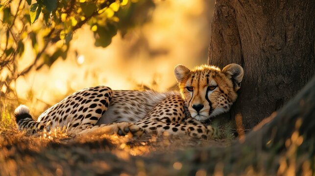 Resting Cheetah in Golden Light Under a Tree in Nature