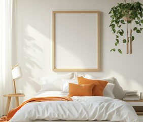 Sunlit bedroom with white bedding, orange pillows, and a blank frame.
