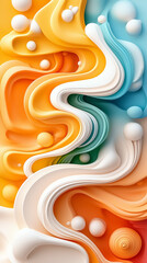 Swirling forms and colors create a mesmerizing dance reminiscent of underwater ecosystems. Vivid oranges, blues, and whites intertwine, reflecting an organic flow inspired by marine beauty
