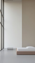 Fototapeta premium Modern minimalist bedroom design with large windows and simple furnishings