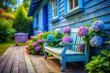 Obraz premium Weathered Wooden Bench on Blue Porch with Hydrangeas - Tilt-Shift Photography