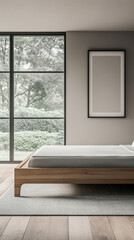 Fototapeta premium Modern minimalist bedroom with large windows and natural light in a peaceful setting