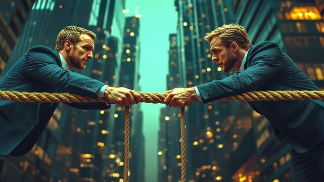 Corporate Tug-of-War: Two businessmen in suits engage in a tense tug-of-war, symbolizing conflict and competition. set against a modern city backdrop.