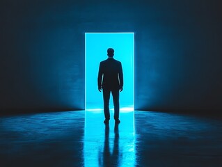 Obraz premium Businessman silhouette facing glowing blue light door, empty room, career choices, future opportunity, mystery of success ahead