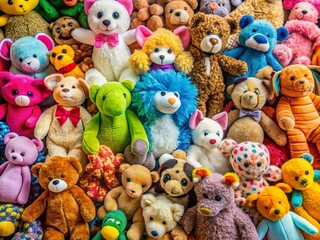 Whimsical Stuffed Animal Playroom Flat Lay: Soft Toy Collection Overhead Photography