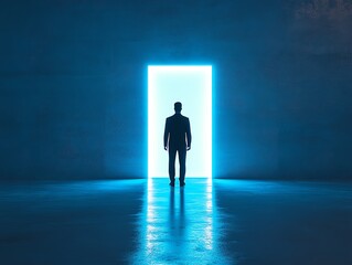 Obraz premium Businessman silhouette facing glowing blue light door, empty room, career choices, future opportunity, mystery of success ahead