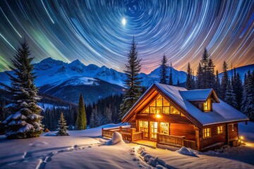 Fototapeta premium Whistler BC Resort Cabin Long Exposure Night Photography - Cozy Mountain Getaway