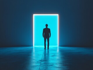 Obraz premium Businessman silhouette in front of glowing blue door, empty room, future career opportunity, stepping into unknown mystery for success