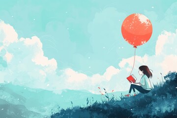 Young girl reading a book while holding a red balloon, seated on a grassy hill with a serene blue sky backdrop