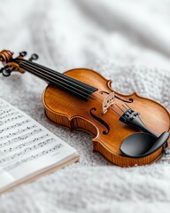 Fototapeta premium ** Elegant Violin Resting by Open Sheet Music on Cozy White Blanket in Soft Light