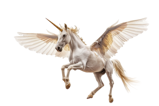 White unicorn with magical wings isolated on transparent background