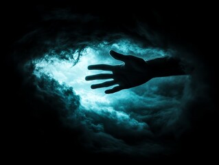 Hand extending from dark abyss to heavenly light in clouds, support, rescue, hope for overcoming struggles, assistance in life challenges
