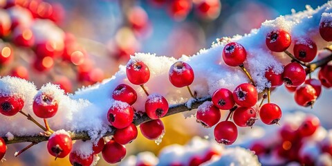 Winter Berries: Snowy Branch with Red Holly Berries - Stock Photo
