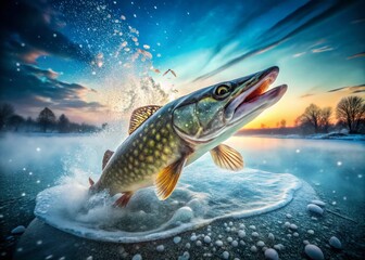Fototapeta premium Winter Fishing: Double Exposure of Pike on Icy Lake