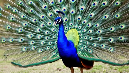 Obraz premium A vibrant male peacock displaying its spectacular feathers in full bloom, showcasing shades of blue and green, exuding beauty and grace.