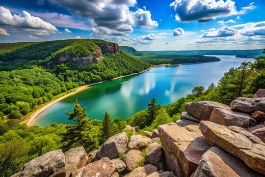 Wisconsin Devils Lake State Park Summer Landscape: Rocky Shore Ice Age Trail Scenic View