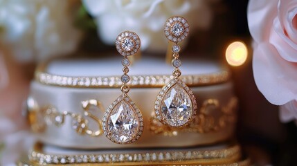 Obraz premium A set of gold drop earrings with sparkling diamonds displayed elegantly on a luxury jewelry box.