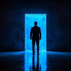 Obraz premium Silhouette of businessman standing before blue glowing door, empty room, stepping into mystery, future opportunity, dream of career success