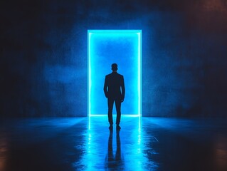Obraz premium Silhouette of businessman standing before blue glowing door, empty room, stepping into mystery, future opportunity, dream of career success