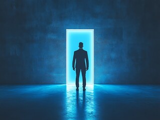 Obraz premium Silhouette of businessman in front of glowing white question mark, doubt, uncertainty about leadership decision, confusion, thinking deeply