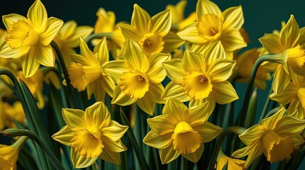 Obraz premium Bright yellow daffodils background with copy space for spring seasonal designs, perfect for greeting cards, floral blogs, Easter promotions, and garden-themed websites