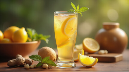 Fototapeta premium A tall glass filled with lemonade and garnished with fresh mint sits on a wooden table. Nearby are bowls of lemons, ginger, and nuts, creating a vibrant and inviting atmosphere