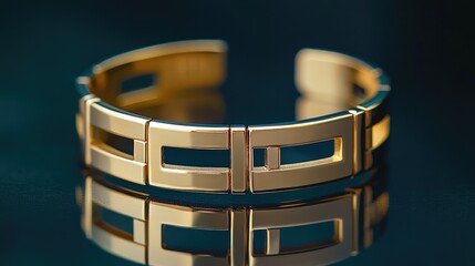 A sophisticated gold bracelet with a polished mirror-like finish displayed against a dark backdrop.
