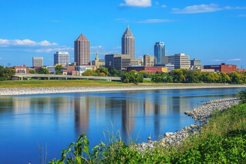 Fototapeta premium Breathtaking Des Moines Iowa Skyline: A Modern Urban Cityscape with Dynamic Architecture