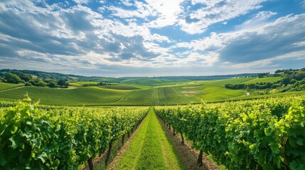 Naklejka premium Breathtaking Landscape of the Champagne Region in France: Lush Vineyards Under a Bright Summer Sky