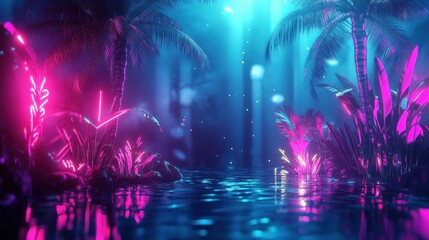 Neon Lit Tropical Paradise with Palm Trees and Reflective Water