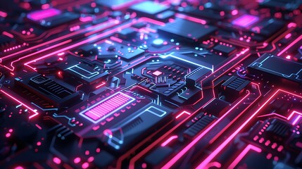 Fototapeta premium Fictional futuristic circuit board with glowing pink and blue neon lines and electronic components. Represents technology and digital innovation.