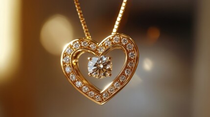 A sophisticated heart-shaped gold pendant with a delicate diamond setting, softly glowing under golden light.