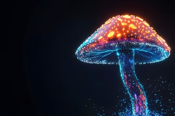 Colorful glowing mushroom with neon lights on dark background