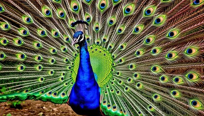 Obraz premium A vibrant blue peacock displaying its stunning iridescent plumage with intricate eye patterns, showcasing the beauty of nature.