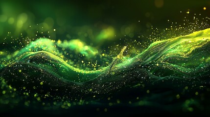 Ethereal Green Waves with Golden Particles in a Dark Background
