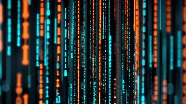 Digital abstract background with glowing blue and orange lines, showcasing vibrant data streams and binary code, creating captivating futuristic atmosphere.