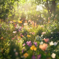 Fototapeta premium Blooming Wildflower Meadow with Sunlight Filtering Through Trees Springtime Scene