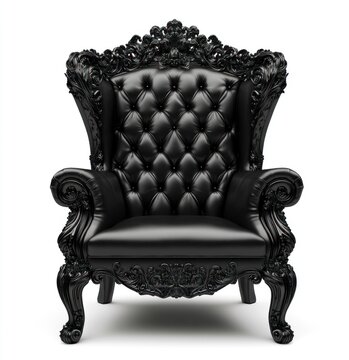 Ornate black leather throne chair isolated.