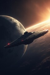 A spaceship hovering above a planet with rings and distant stars twinkling against the backdrop of deep space