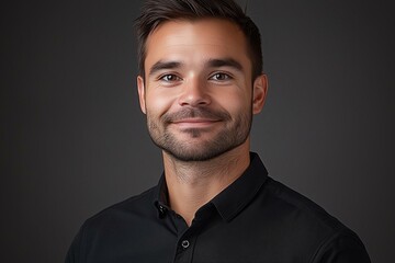 Fototapeta premium A man with a beard and short hair wearing a black shirt against a dark background