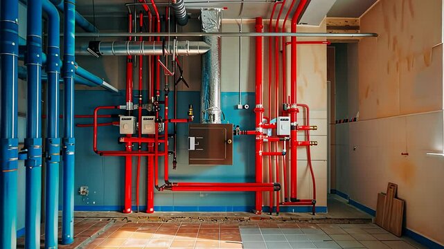 An industrial room with a vibrant plumbing system featuring blue, red, and yellow pipes connected to various components on the wall.