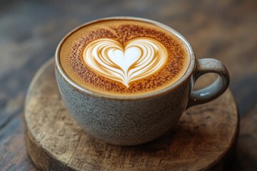 Foamy cappuccino with beautiful latte art in a rustic ceramic cup