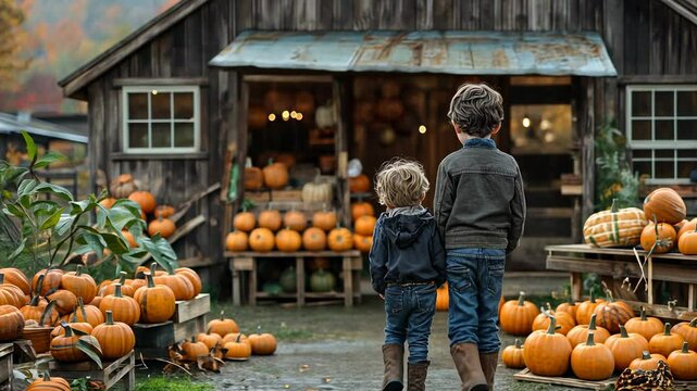 Autumn brothers at pumpkin patch