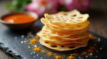 Stack of crispy lotus root chips placed on a slate board beside a small bowl of vibrant red sauce, surrounded by colorful spices, creating a delightful appetizer presentation