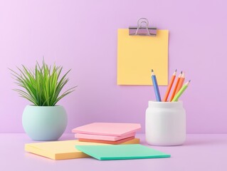 Colorful stationery and a potted plant on a pastel background, ideal for creative work