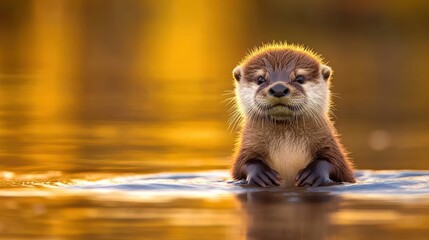 Naklejka na ściany i meble Playful Otter Swimming in Calm Water Surrounded by Golden Light