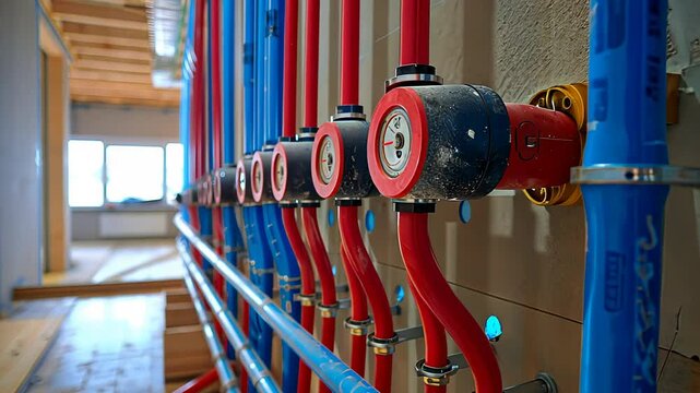 A construction site featuring a vibrant piping system with blue and red pipes, featuring connections and valves mounted on the wall.