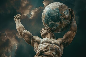 Majestic statue of Atlas holding the Earth, under dramatic clouds, symbolizing strength and endurance in nature