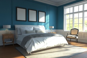 Sunlit blue bedroom with king bed, frames, and chair.