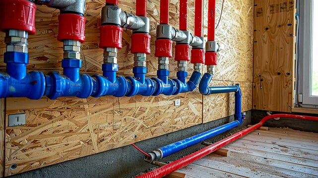 A detailed view of blue and red plumbing pipes connected with metallic fittings on a wooden wall, part of a building&rsquo;s infrastructure.